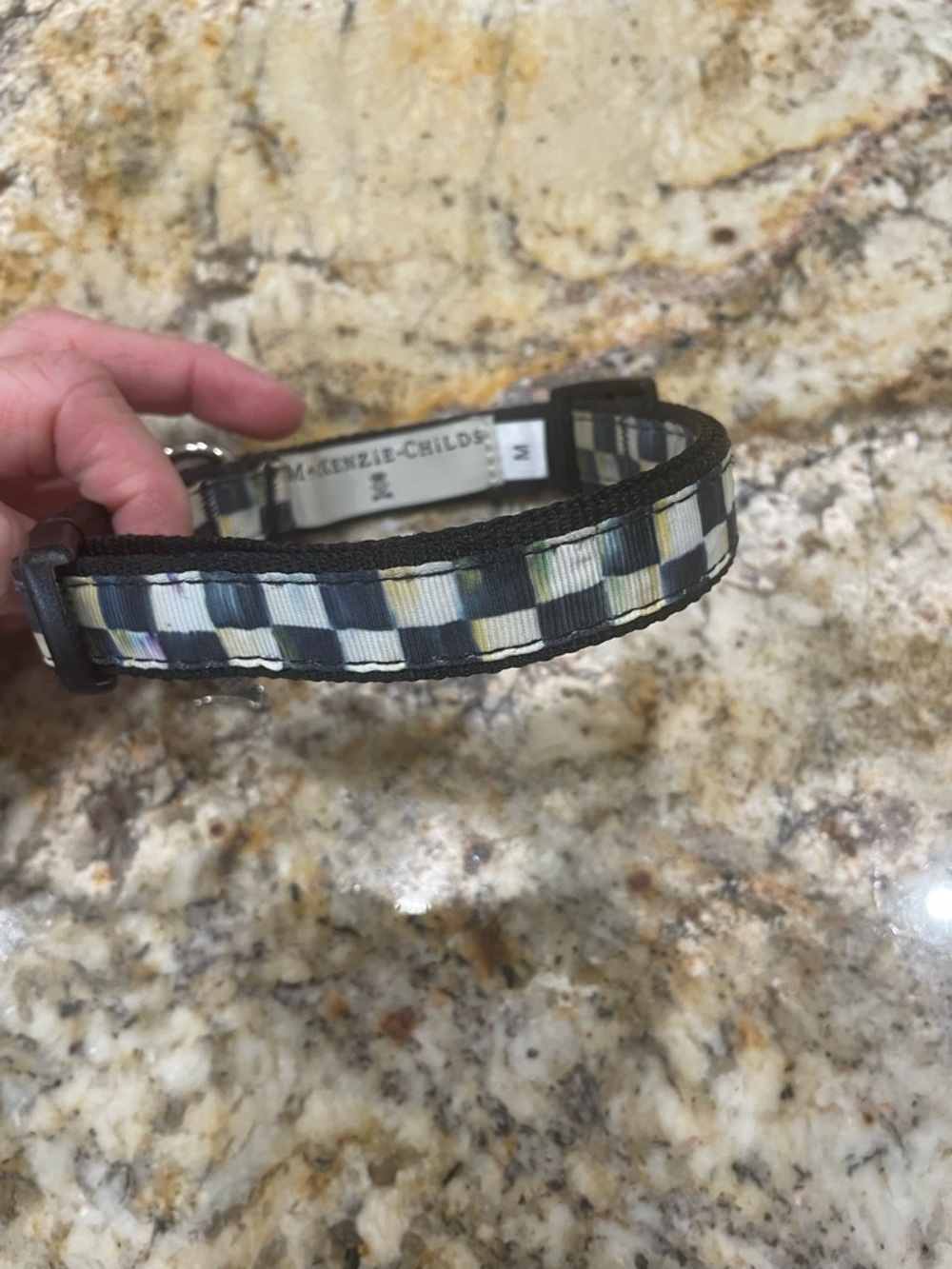 MacKenzie-Childs Black Dog Collar with Multicolor Check Ribbon
